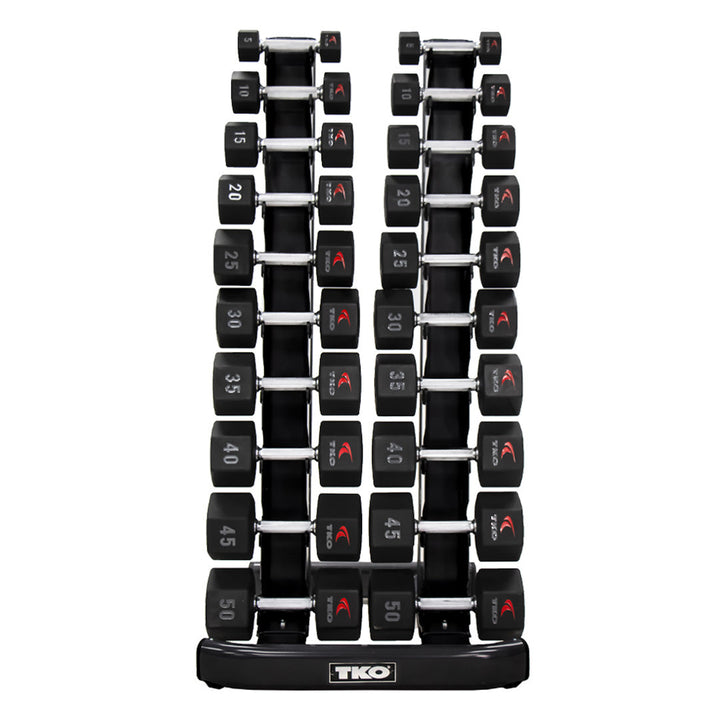 Vertical dumbbell rack holding multiple pairs of dumbbells for organized storage