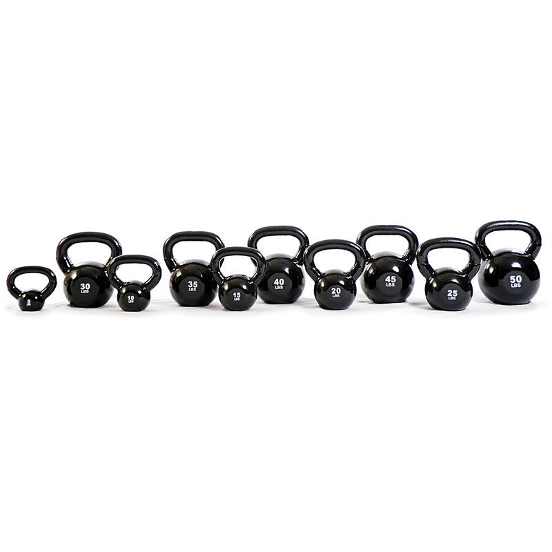 Multiple TKO vinyl coated kettlebells displayed in various weight sizes
