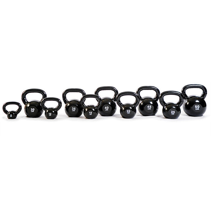 Multiple TKO vinyl coated kettlebells displayed in various weight sizes