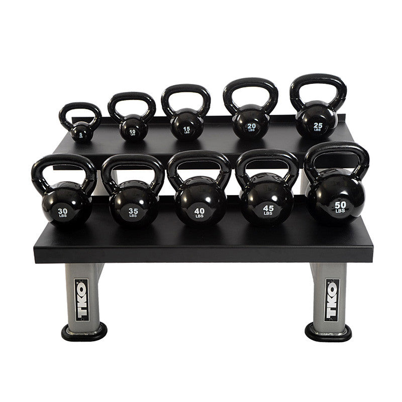 Vinyl coated kettlebell collection organized on storage rack