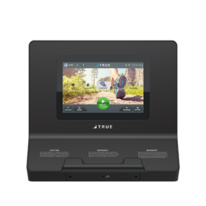 TRUE Performance Series elliptical touchscreen showing workout content and console controls
