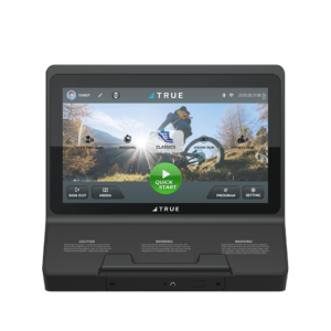 TRUE T16 Fitness exercise bike touchscreen console displaying entertainment and workout controls