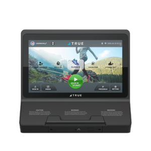 TRUE Performance Series elliptical touchscreen console displaying an interactive workout interface