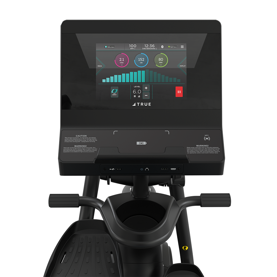 Front view of a TRUE Apex XRide recumbent elliptical console with color workout display