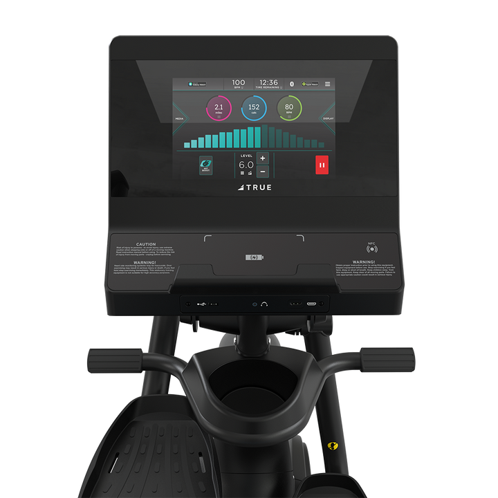 Front view of a TRUE Apex XRide recumbent elliptical console with color workout display