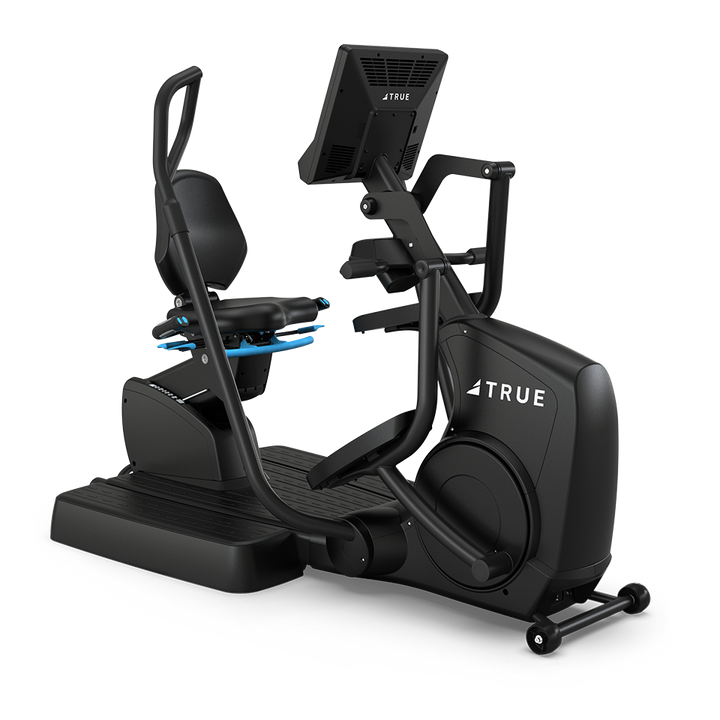 Front angled view of the TRUE Apex XRide recumbent elliptical with swivel seat, pedals, handles, and console