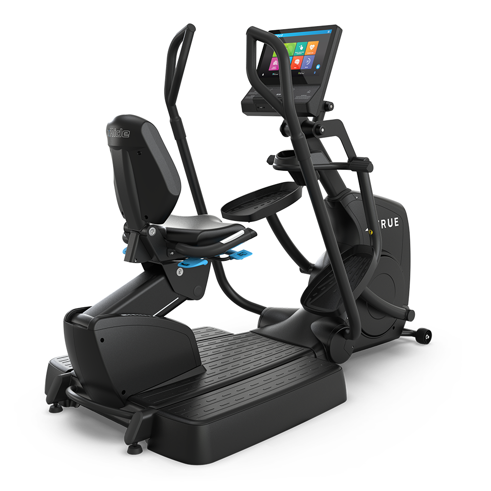 Rear angled view of the TRUE Apex XRide recumbent elliptical showing the seat, frame, handles, and console