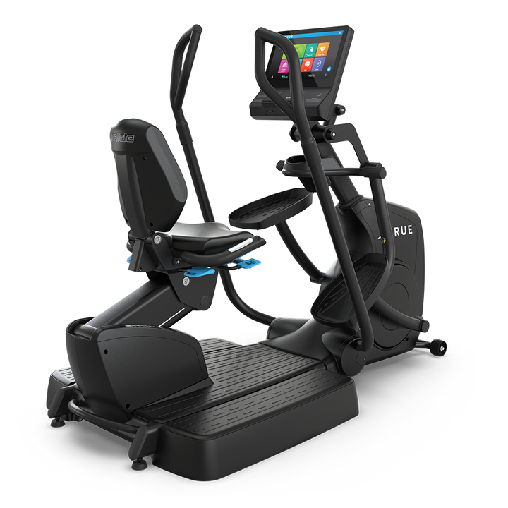 Rear angled view of the TRUE Apex XRide recumbent elliptical showing the seat, frame, handles, and console