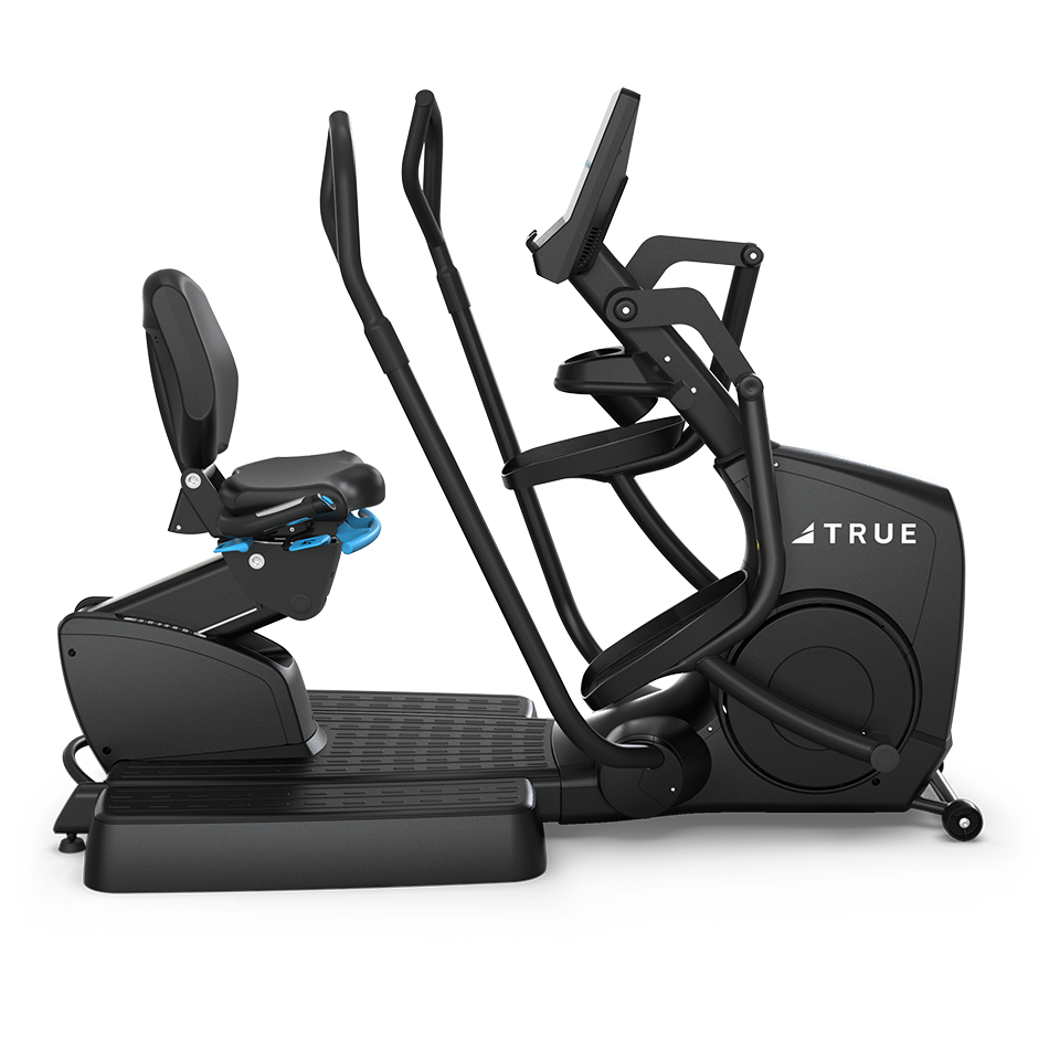 TRUE Apex XRide recumbent elliptical side view with swivel seat, pedals, moving handles, and console