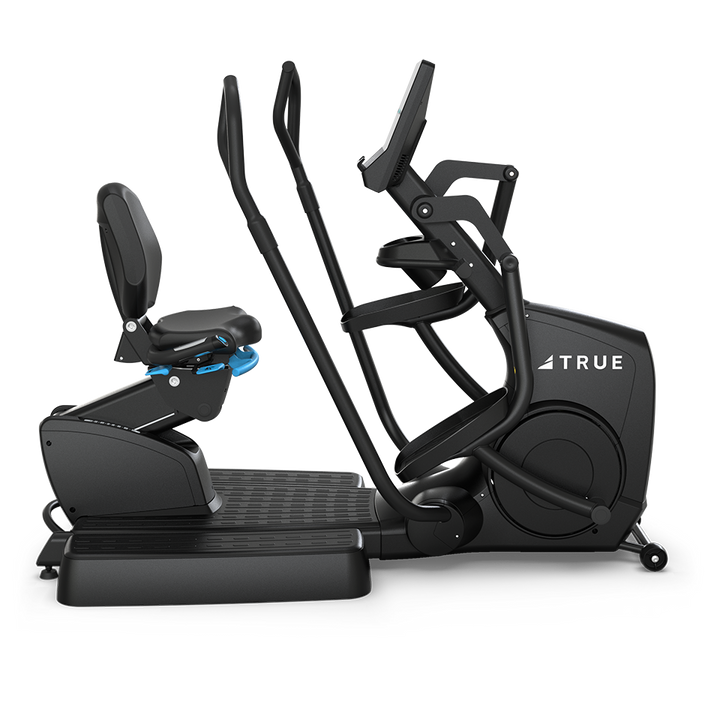 TRUE Apex XRide recumbent elliptical side view with swivel seat, pedals, moving handles, and console