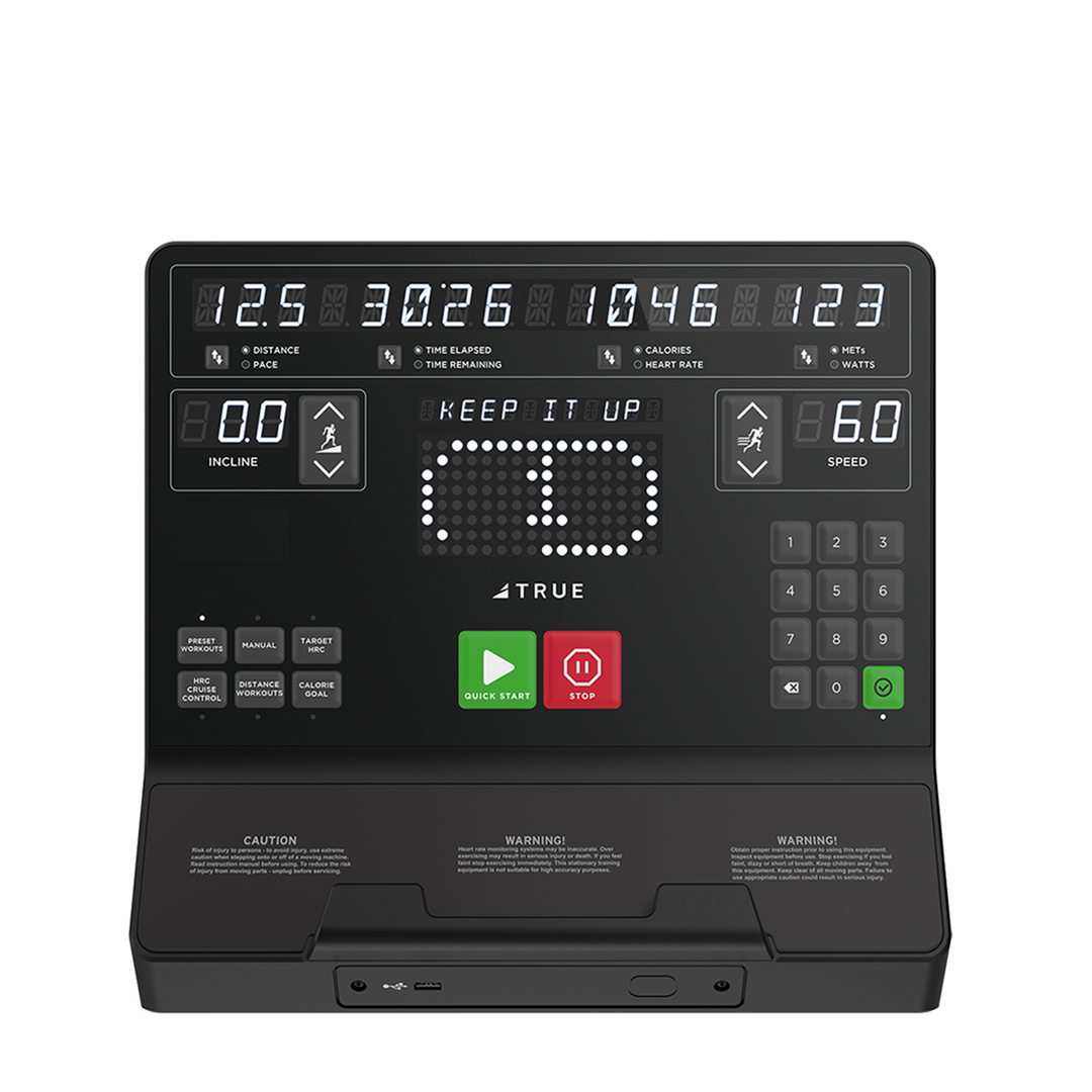 LED Close-up of a touchscreen console option for the TRUE Apex XRide recumbent elliptical