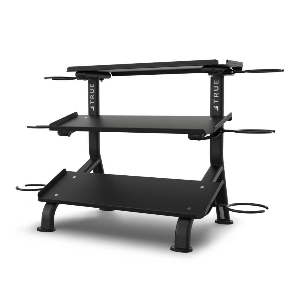 TRUE FS-24 3-tier flat tray dumbbell rack shown empty with three storage levels