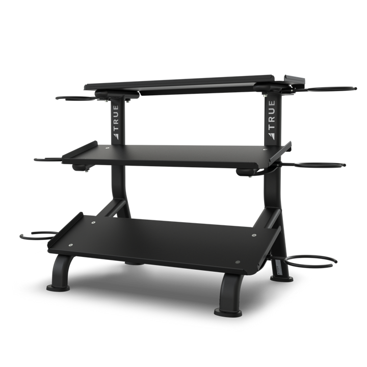 TRUE FS-24 3-tier flat tray dumbbell rack shown empty with three storage levels