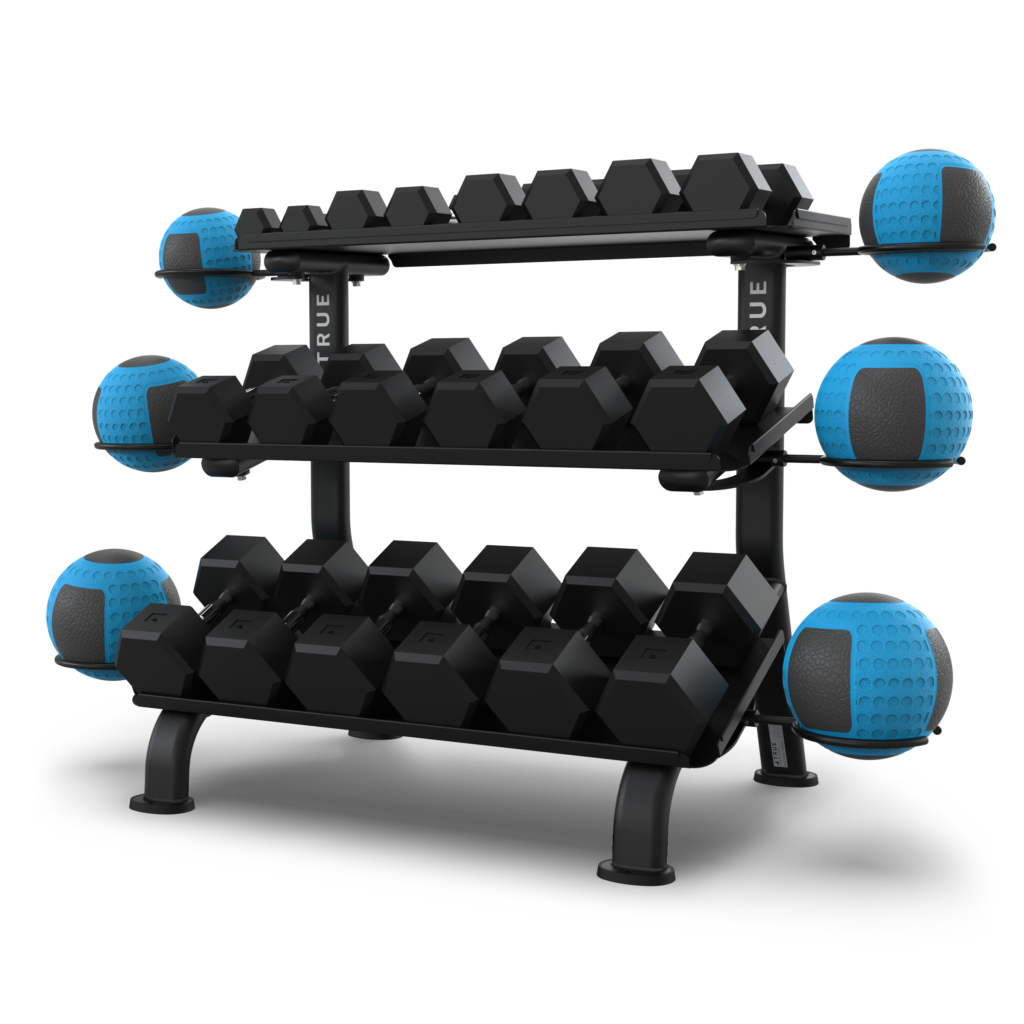 TRUE FS-24 3-tier dumbbell rack shown with dumbbells and optional medicine ball rings