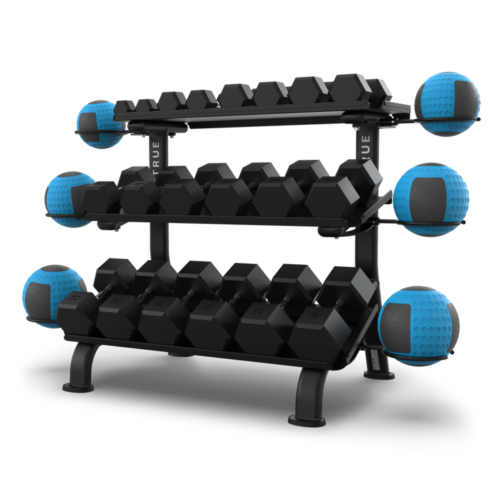 TRUE FS-24 3-tier dumbbell rack shown with dumbbells and optional medicine ball rings