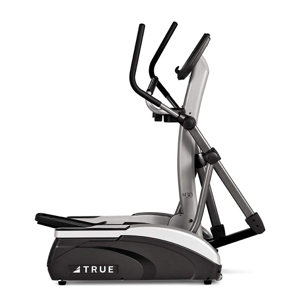 TRUE M30 elliptical with compact frame, side steps, pedals, multi-grip handles, and console