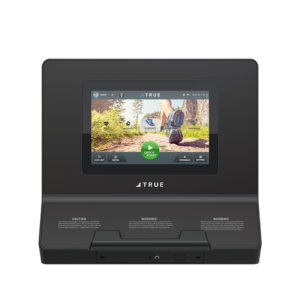 TRUE M50 elliptical 10-inch touchscreen console displaying workout content and controls