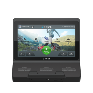 TRUE M50 elliptical 16-inch HD touchscreen console displaying an interactive workout