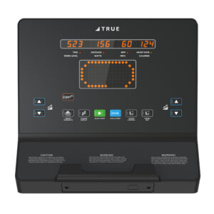 Close-up of TRUE M50 elliptical Emerge console with workout metrics and control buttons
