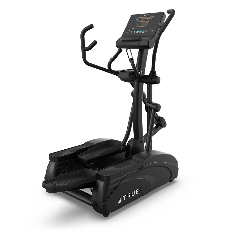 TRUE M50 elliptical with compact frame, foot pedals, multi-grip handles, and console