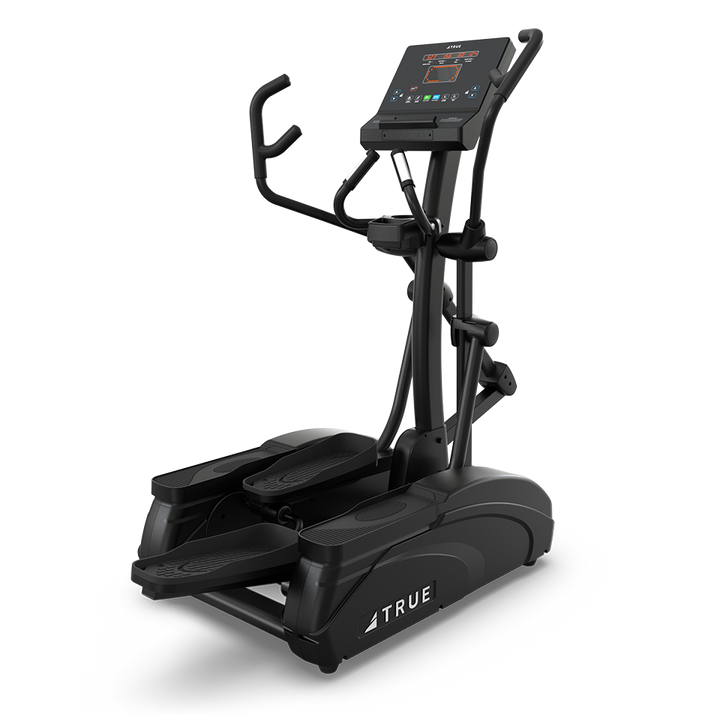 TRUE M50 elliptical with compact frame, foot pedals, multi-grip handles, and console