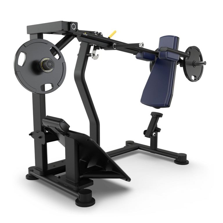 TRUE PLS-1400 plate loaded pendulum squat configured with navy upholstery  