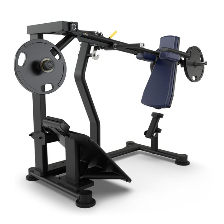 TRUE PLS-1400 plate loaded pendulum squat configured with navy upholstery  