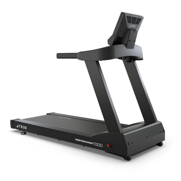 TRUE Performance 1000 treadmill shown from a rear angle with running deck, frame, and touchscreen console.