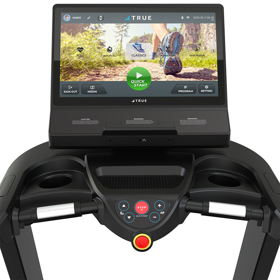 Close front view of TRUE Performance 3000 treadmill touchscreen console with workout interface and controls.