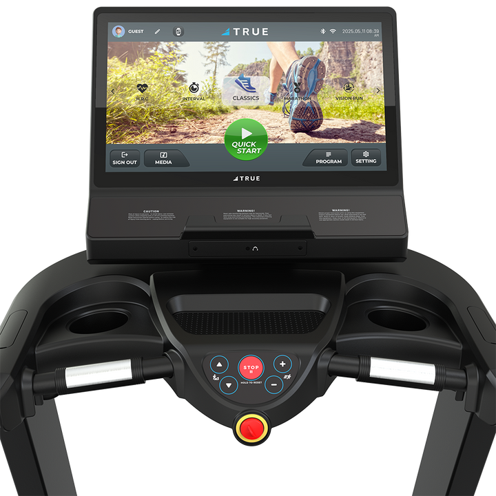 Close front view of TRUE Performance 3000 treadmill touchscreen console with workout interface and controls.