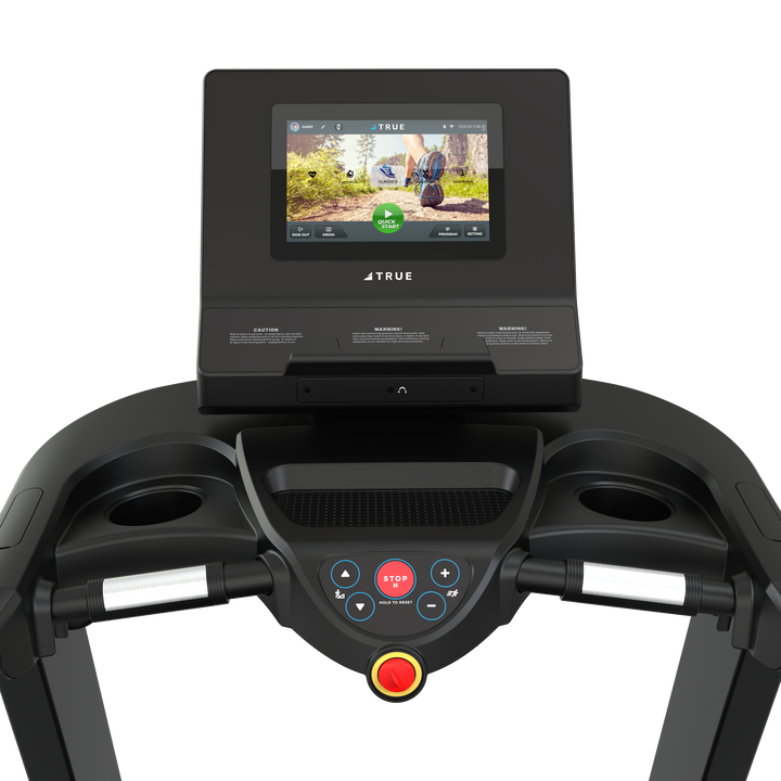 Front view of TRUE Performance 3000 treadmill console with touchscreen display and workout controls.