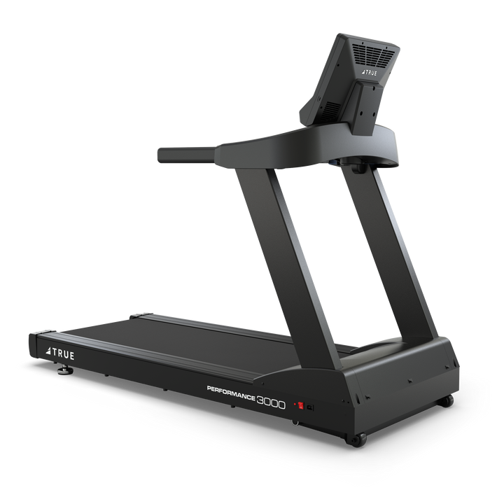 TRUE Performance 3000 treadmill shown from a rear angle with running deck, frame, and touchscreen console.