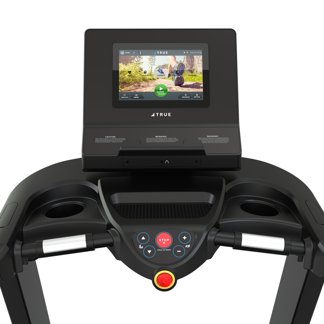 Front console view of TRUE Performance 8000 treadmill with touchscreen and workout controls.
