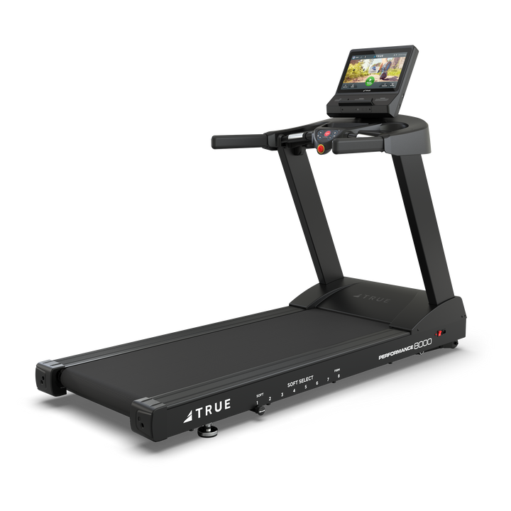 TRUE Performance 8000 treadmill shown from the front angle with touchscreen console and running deck.
