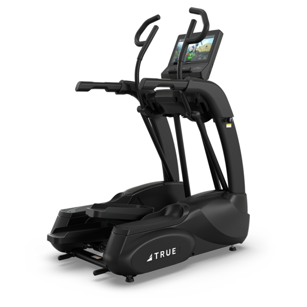 TRUE Performance Series elliptical shown from the front angle with touchscreen console and moving handlebars