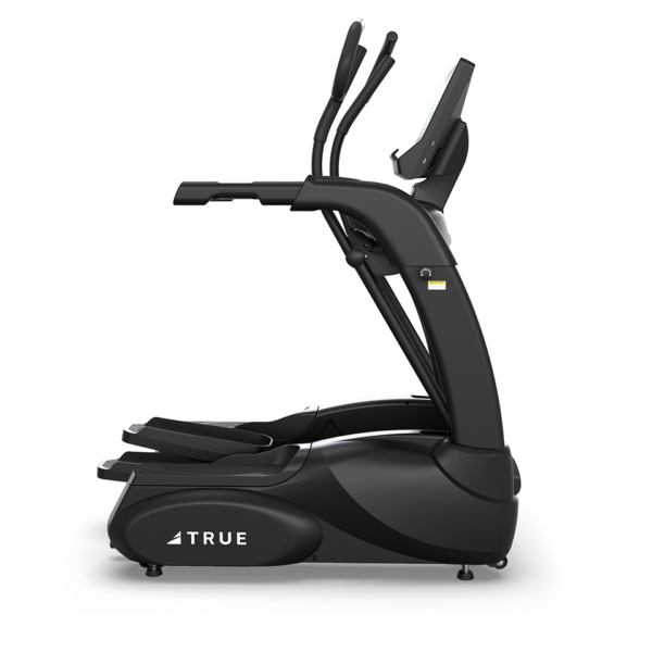 Side view of TRUE Performance Series elliptical showing pedals, handlebars, and console