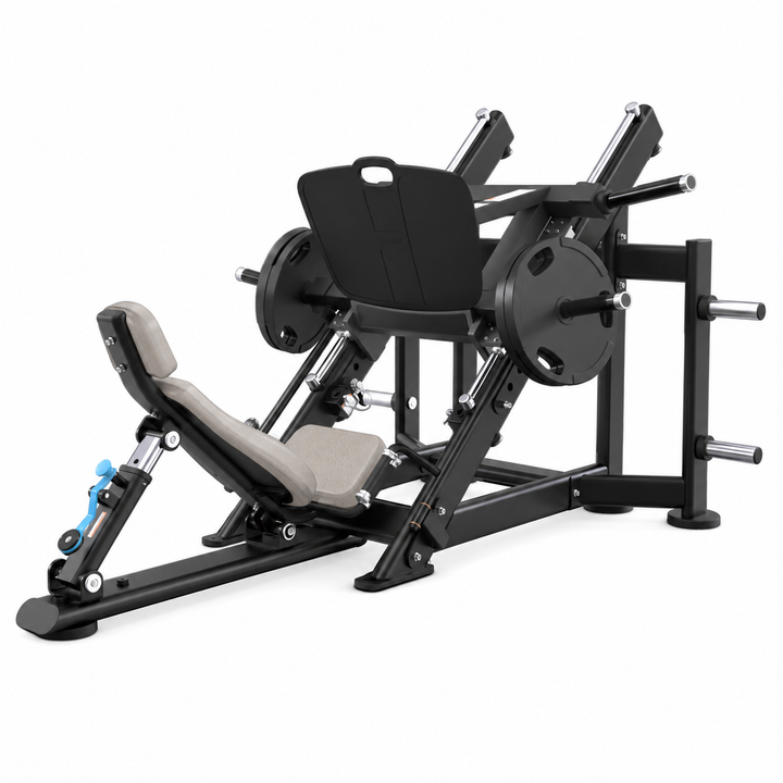 TRUE XFW-7800 leg press with alabaster upholstery, 45-degree weight carriage, wide foot plate, and storage posts  