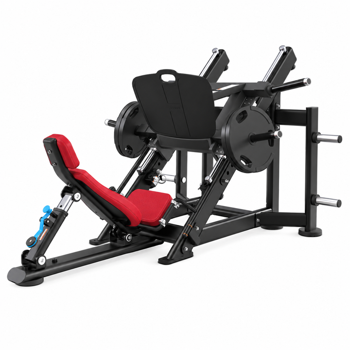 TRUE XFW-7800 leg press with american beauty red upholstery, 45-degree weight carriage, wide foot plate, and storage posts  