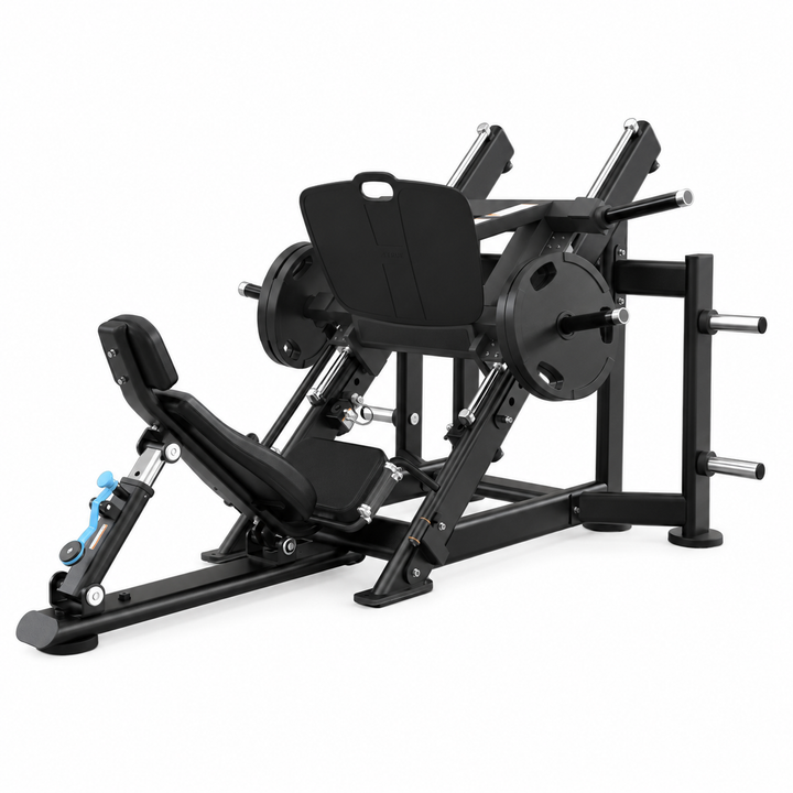 TRUE XFW-7800 leg press with black upholstery, 45-degree weight carriage, wide foot plate, and storage posts