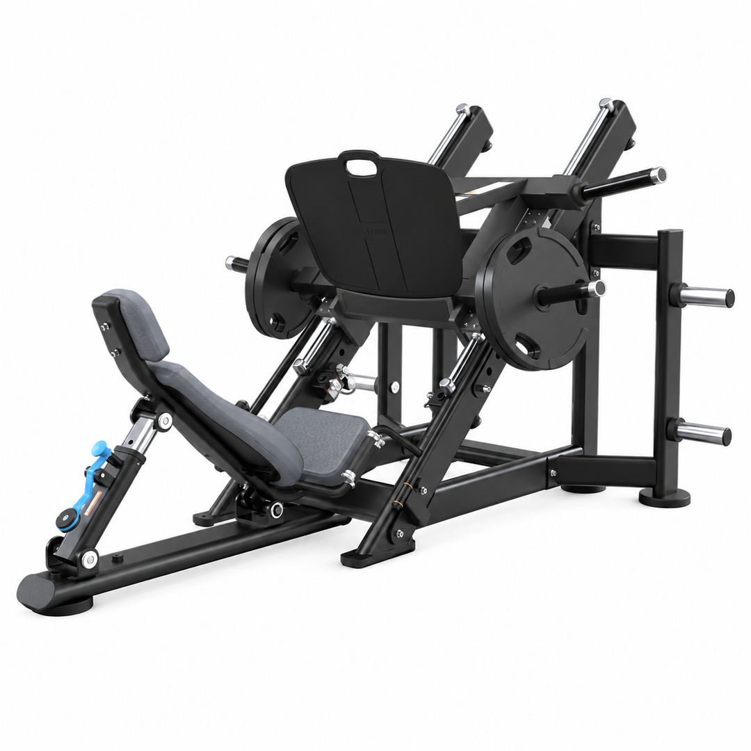 TRUE XFW-7800 leg press with cadet upholstery, 45-degree weight carriage, wide foot plate, and storage posts   