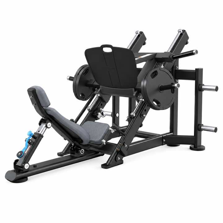 TRUE XFW-7800 leg press with cadet upholstery, 45-degree weight carriage, wide foot plate, and storage posts   