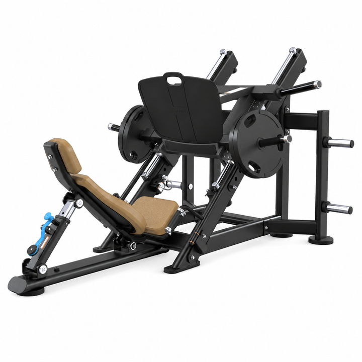 TRUE XFW-7800 leg press with camel upholstery, 45-degree weight carriage, wide foot plate, and storage posts  
