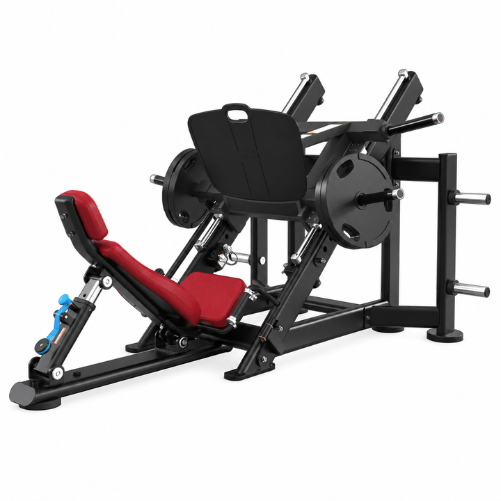 TRUE XFW-7800 leg press with candy apple red upholstery, 45-degree weight carriage, wide foot plate, and storage posts  