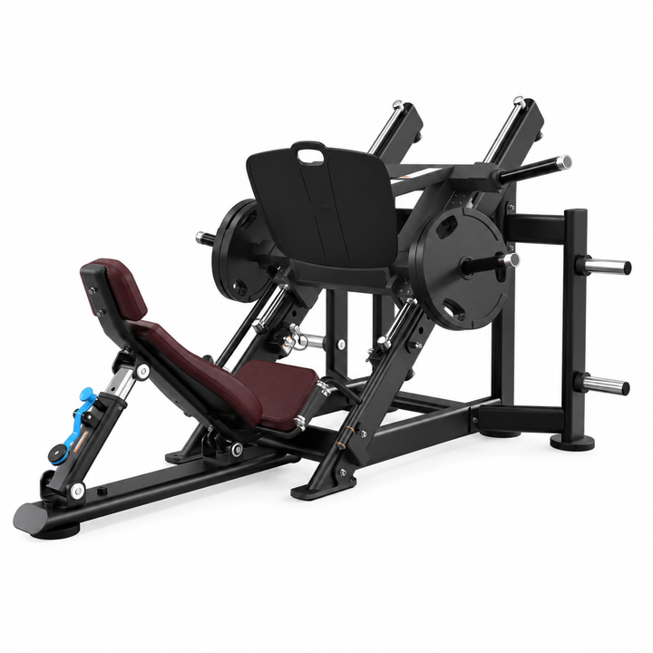 TRUE XFW-7800 leg press with cranberry upholstery, 45-degree weight carriage, wide foot plate, and storage posts  