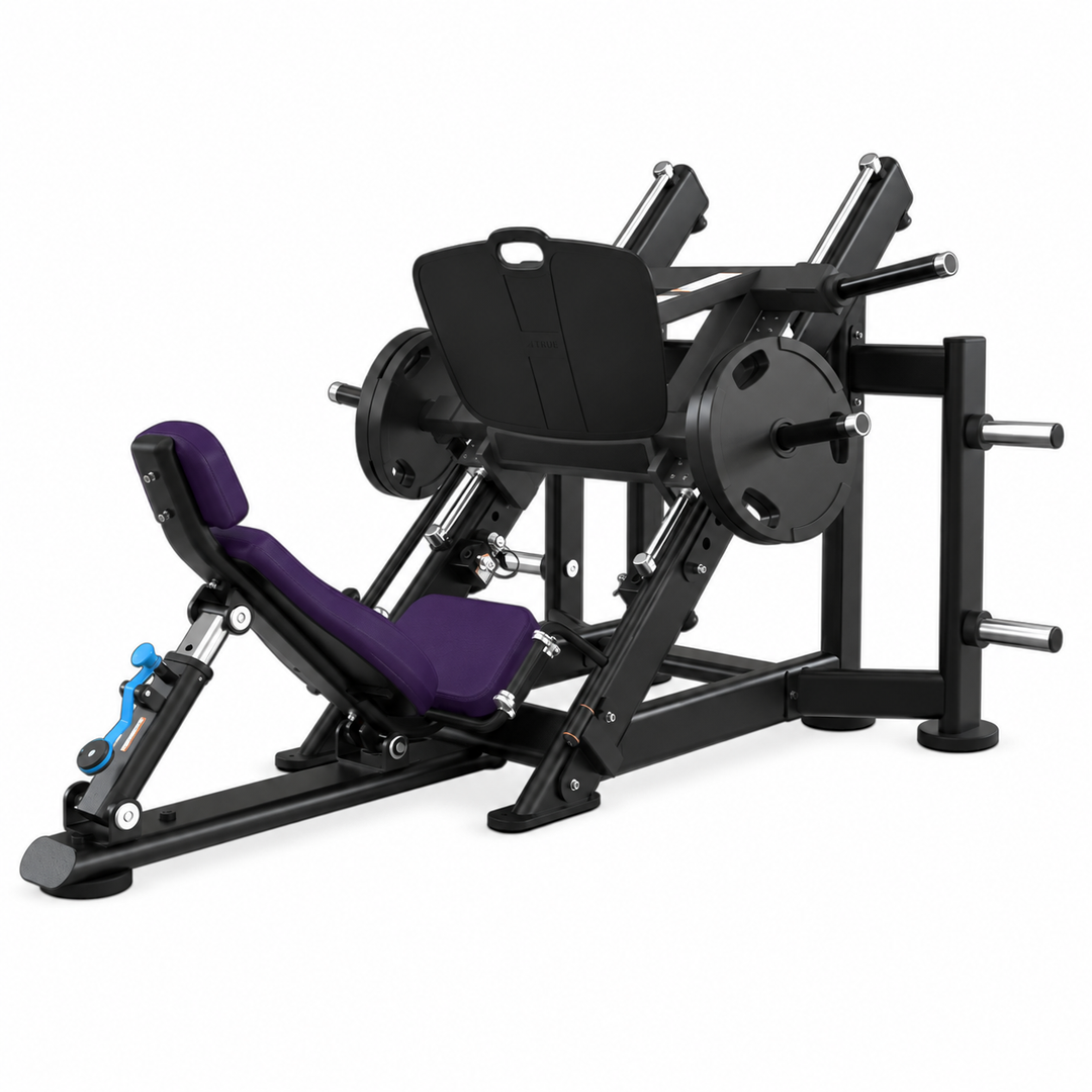 TRUE XFW-7800 leg press with deep violet  upholstery, 45-degree weight carriage, wide foot plate, and storage posts  