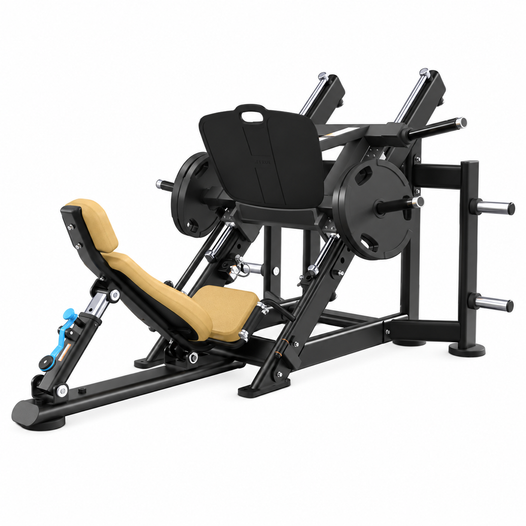 TRUE XFW-7800 leg press with desert tan upholstery, 45-degree weight carriage, wide foot plate, and storage posts  