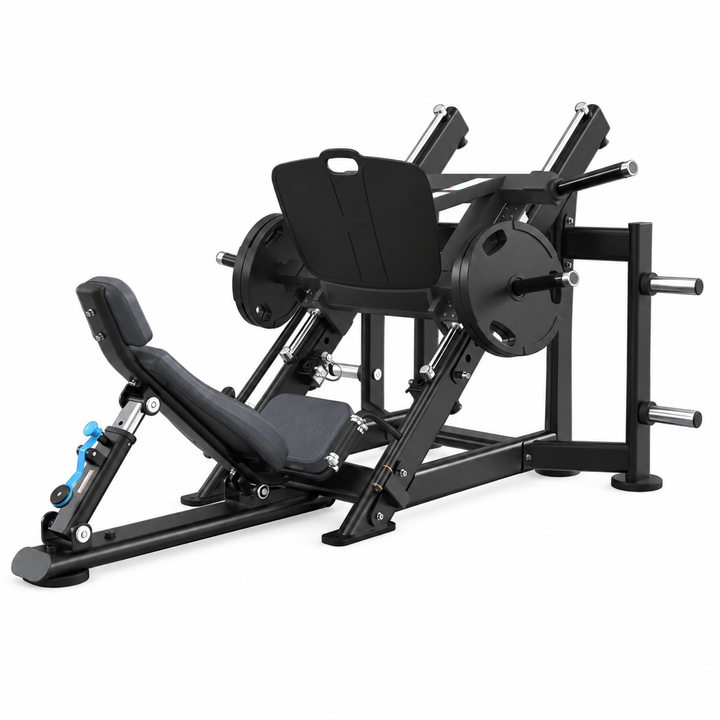 TRUE XFW-7800 leg press with Navy upholstery, 45-degree weight carriage, wide foot plate, and storage posts  