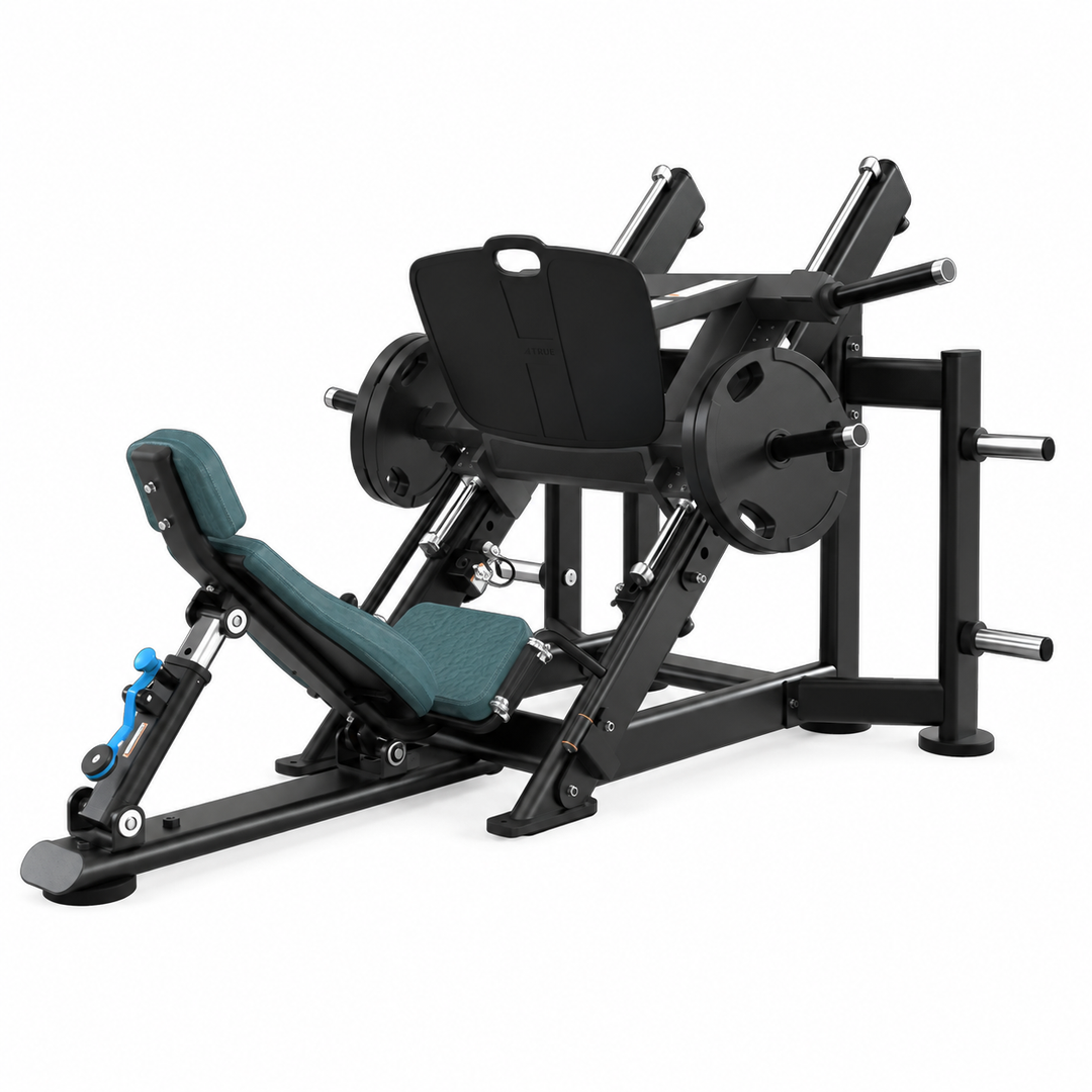 TRUE XFW-7800 leg press with grotto teal upholstery, 45-degree weight carriage, wide foot plate, and storage posts  