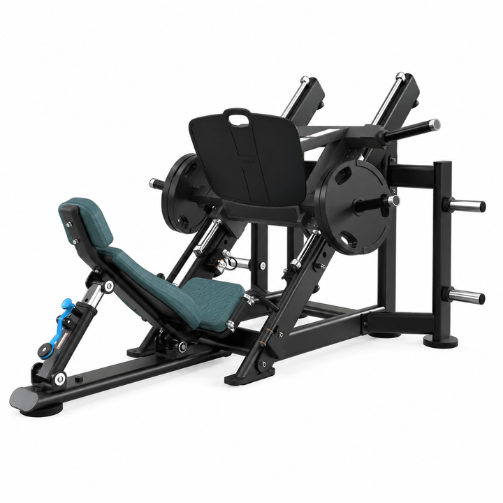 TRUE XFW-7800 leg press with grotto teal upholstery, 45-degree weight carriage, wide foot plate, and storage posts  