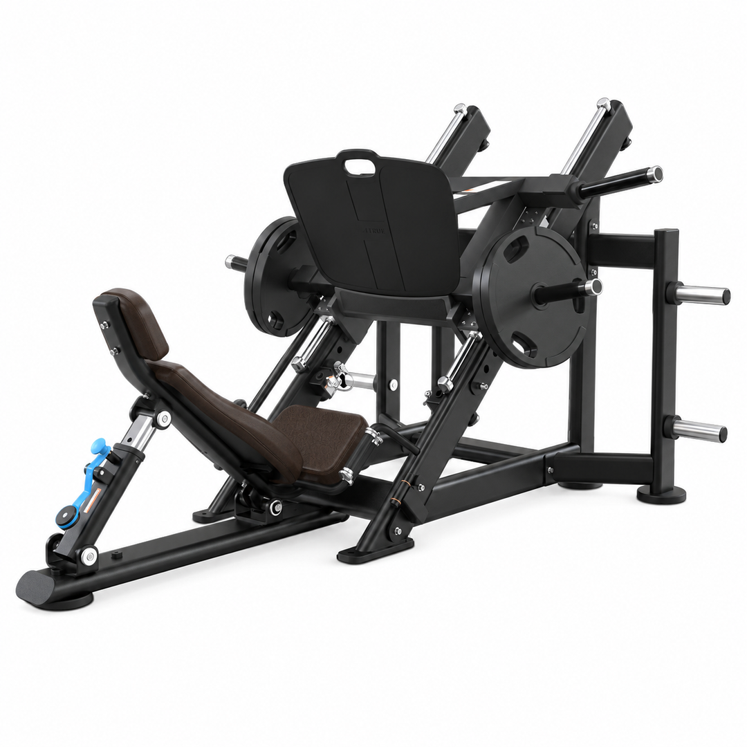 TRUE XFW-7800 leg press with java upholstery, 45-degree weight carriage, wide foot plate, and storage posts